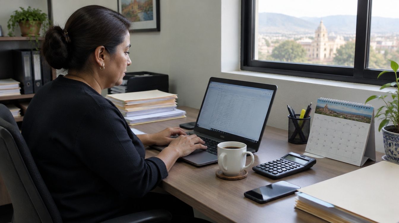 Una contadora cierra el mes en su escritorio, con la computadora, la calculadora y el calendario.