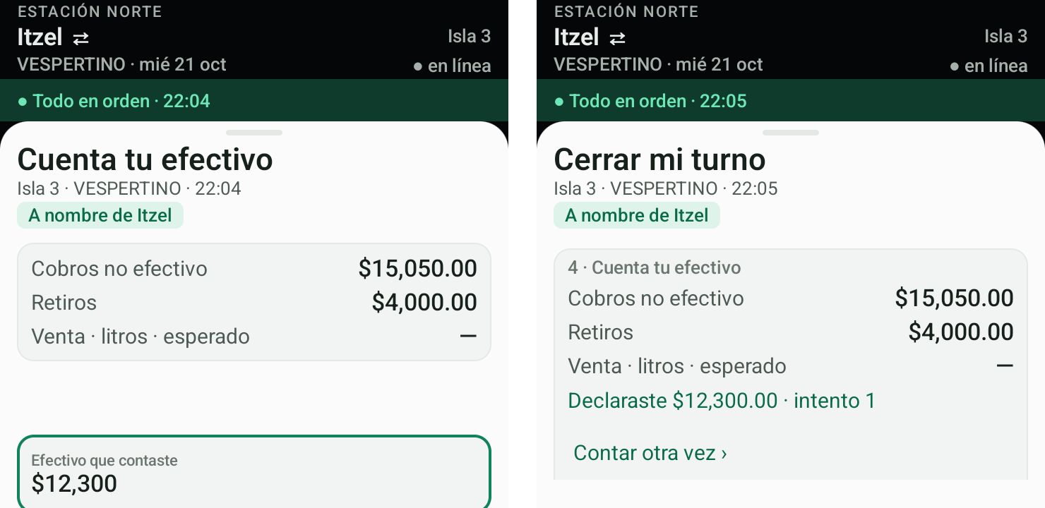 Tableta de la isla, pantalla “Cerrar mi turno”: lo cobrado sin efectivo, los retiros y el efectivo que se declara.