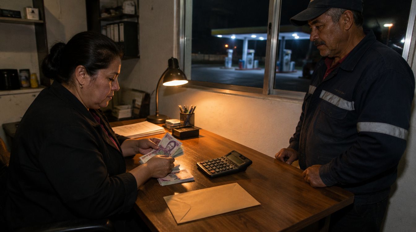 Una gerente cuenta el efectivo de la entrega frente al despachador, con la calculadora y un sobre sobre el escritorio.