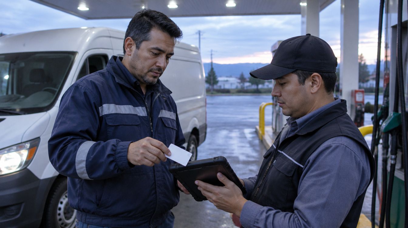 Dos hombres de uniforme en la estación: uno acerca la tarjeta de un cliente de flotilla a la tableta del otro.