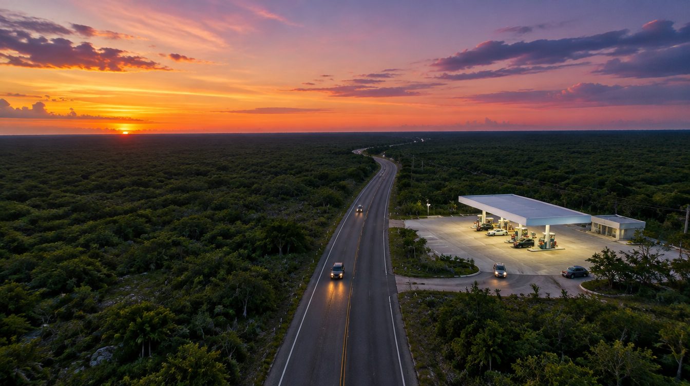 Vista aérea, al atardecer, de una estación de servicio junto a una carretera que cruza la selva yucateca; el cielo se ve naranja y morado, y la estación brilla entre los árboles.