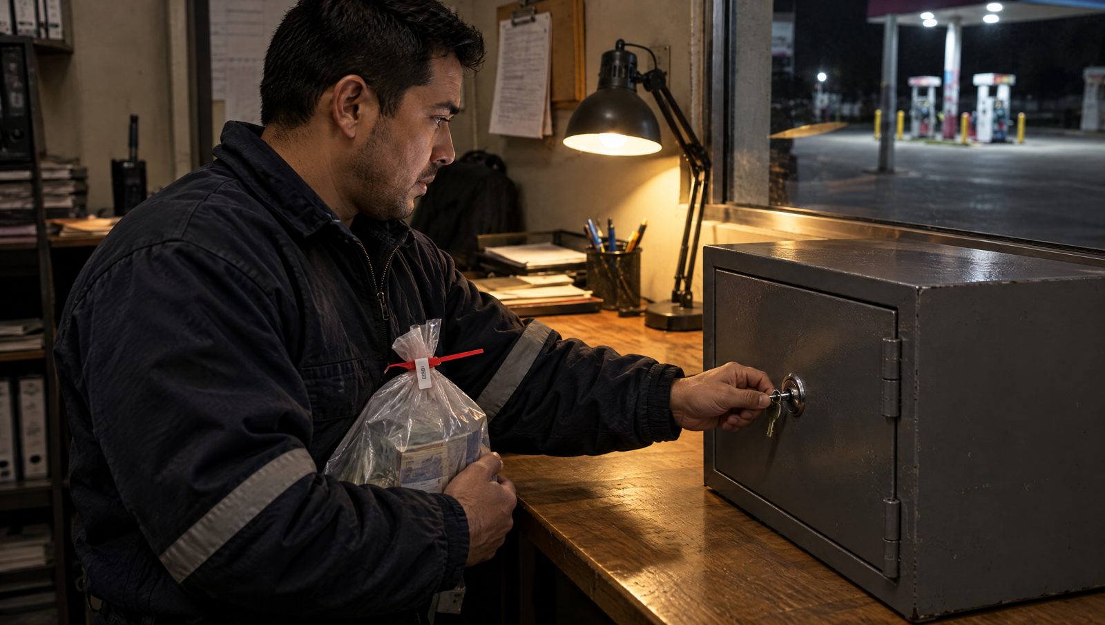 Javier cierra con llave la caja fuerte de la oficina, con una bolsa de valores sellada bajo el brazo.