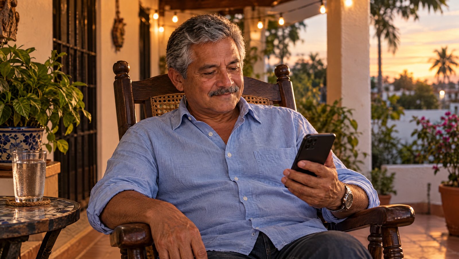 Don Ramiro, el dueño, sentado en su mecedora, mira en el teléfono cómo cerró la estación, sin tener que llamar a nadie.